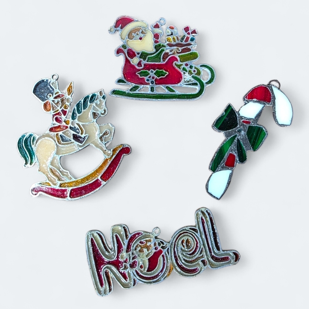 Festive Vintage Christmas Stained Glass Ornament, Suncatchers Set Of 4